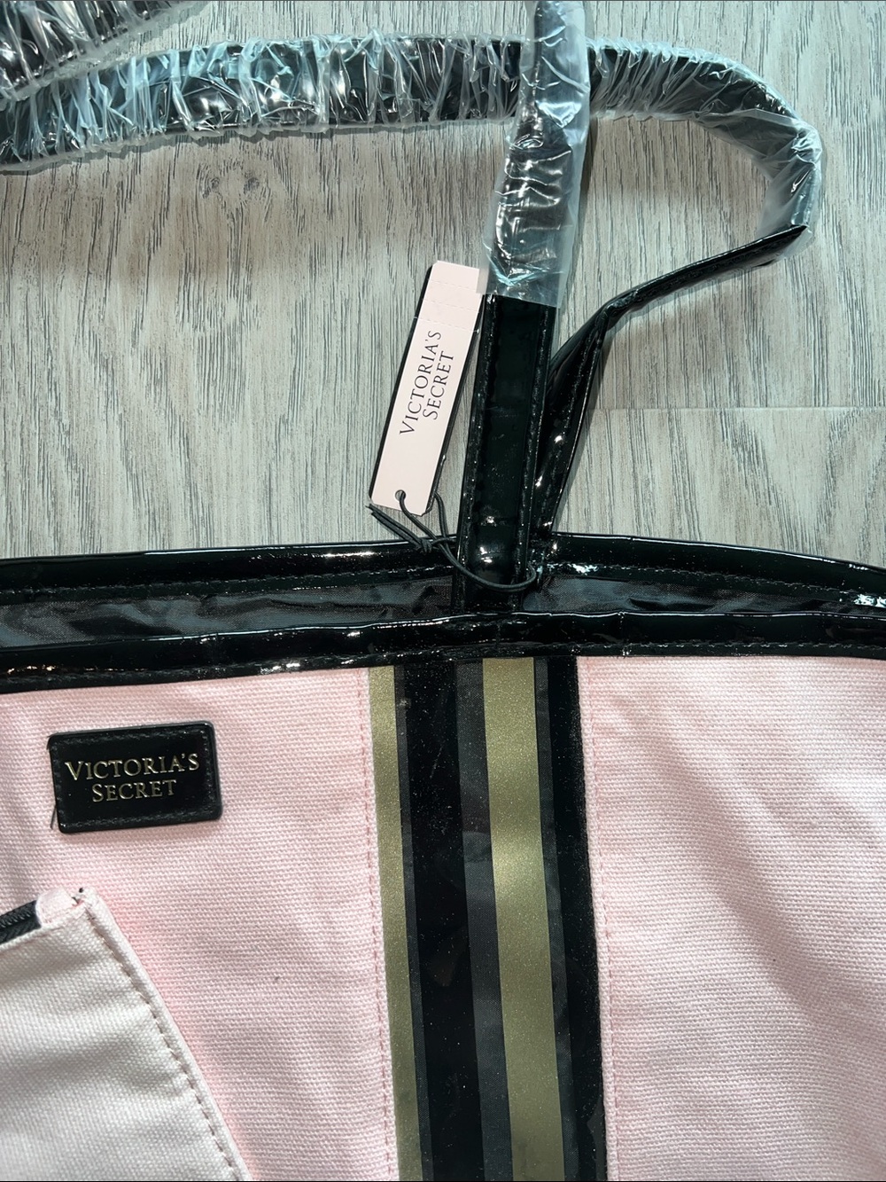 NWT Victoria's Secret Pink Tote with Black Trim and Gold Stripes - Picture 2 of 5